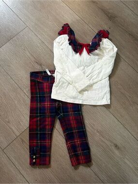 Janie and Jack Cream Top with Red and Navy Plaid Leggings